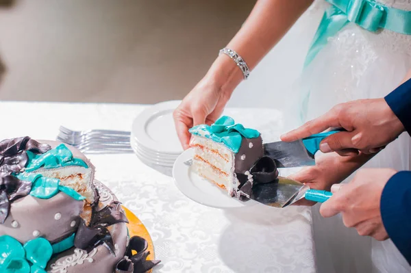 Mari et femme, le couple a coupé le couteau à gâteau de mariage — Photo