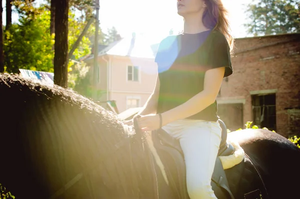 Portrait émotionnel d'une cavalière, à cheval, amoureuse des chevaux, étalon frison noir pur-sang animal de compagnie, à l'extérieur — Photo
