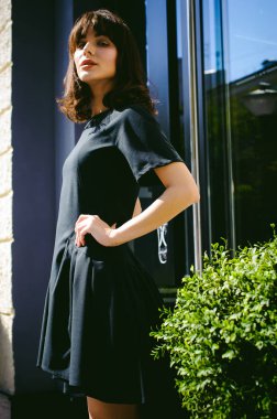 Karanlık bir şık elbiseli güzel kadın butikler yakınındaki cadde boyunca elini kolunu sallaya dönüyor. Bir moda kız portresi