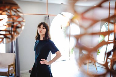 bir telefonla onun elinde pembe bir iç ve şık bir lamba ile bir odaya bir zarif siyah elbiseli genç kadın