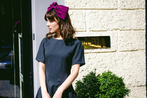 Karanlık bir şık elbiseli güzel kadın butikler yakınındaki cadde boyunca elini kolunu sallaya dönüyor. Bir moda kız portresi