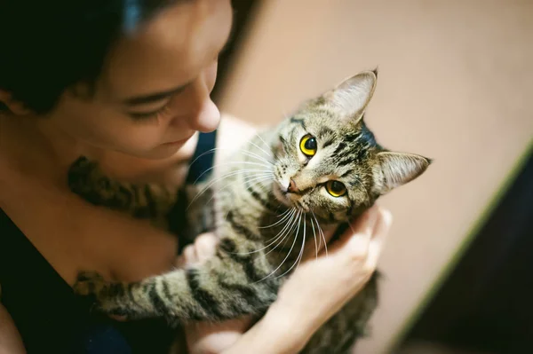 Retrato Uma Mulher Com Gato — Fotografia de Stock