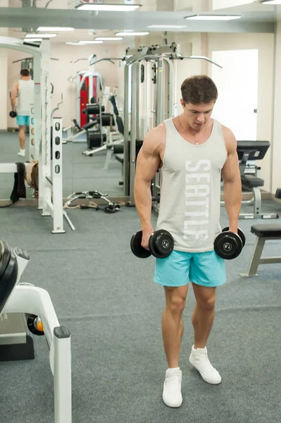 Jovem Sexy Masculino Fisiculturista Atleta Trens Ginásio Usando Equipamentos Esportivos — Fotografia de Stock