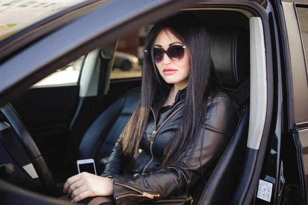 Brunette Woman Black Fashionable Leather Clothes Style Auto Lady Driving — Stock Photo, Image