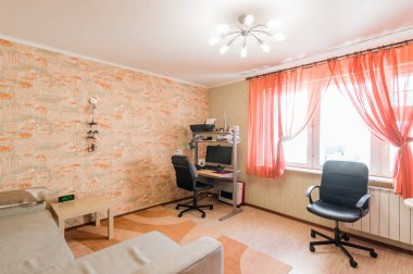 Rusya, Moskova - Temmuz 05, 2019: iç oda dairesi. Yurtta standart onarım dekorasyonu