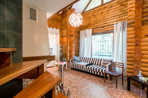 Russia, Moscow- July 06, 2019: interior room apartment. beautiful designer country house with wooden elements
