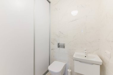 Rusya, Moskova... 10 Eylül 2019: İç mekan dairesi modern, parlak, rahat atmosfer. Genel temizlik, ev dekorasyonu, modern banyo, lavabo, dekorasyon unsurları, tuvalet