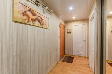 Rusya, Moskova... 10 Ekim 2019: İç mekan dairesi modern, parlak, rahat atmosfer. Genel temizlik, ev dekorasyonu, satılık ev hazırlığı.