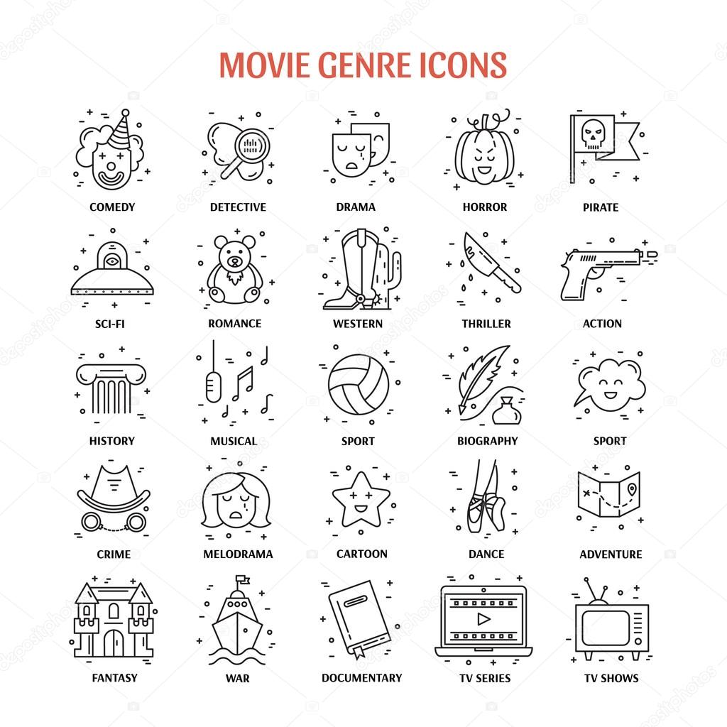 Vector set of movie genres line icons isolated on white background. Different film genre elements perfect for infographic or mobile app