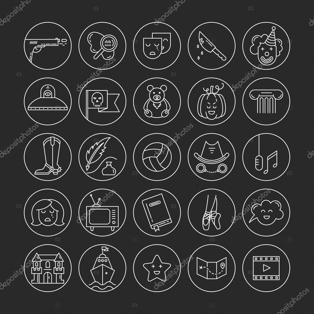 Vector set of movie genres line icons isolated on dark background. Different film genre elements perfect for infographic or mobile app