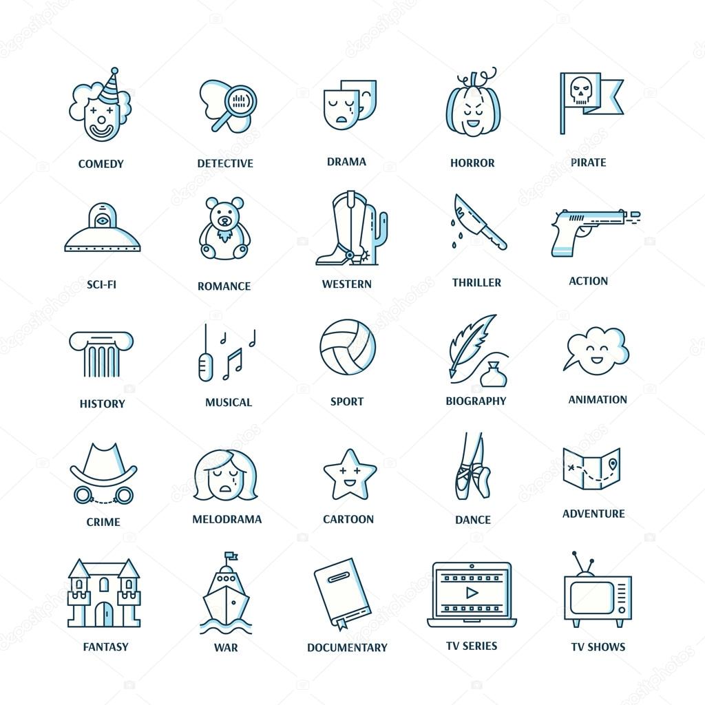 Vector set of movie genres line icons isolated on white background. Different film genre elements perfect for infographic or mobile app