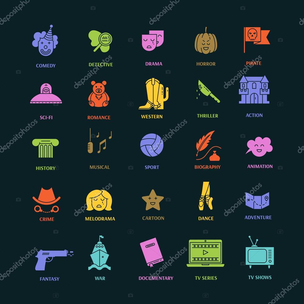 Vector set of movie genres flat  icons isolated on dark background. Different film genre elements perfect for infographic or mobile app