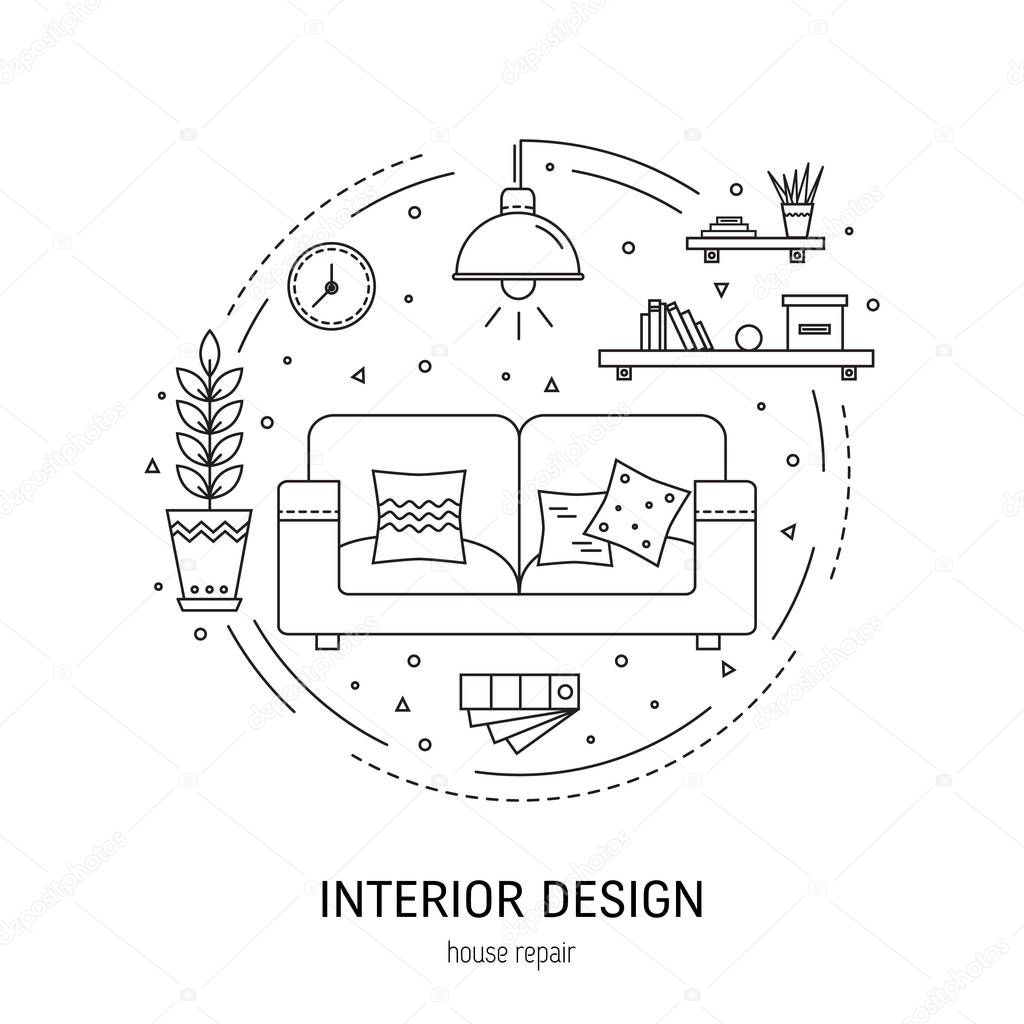 Interior design  round concept made in modern line style. Living room vector illustration. Can be used for infographics design, web elements.