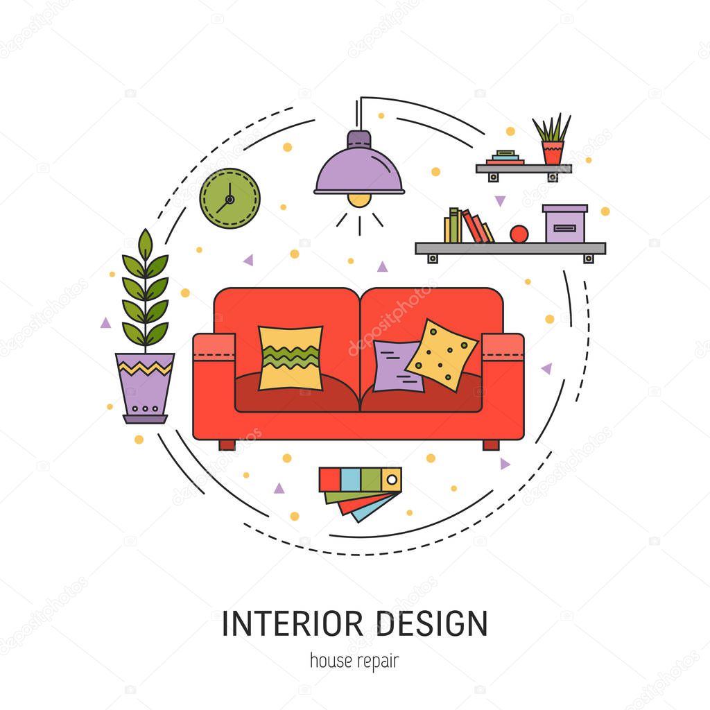 Interior design  round concept made in modern line style. Living room vector illustration. Can be used for infographics design, web elements.