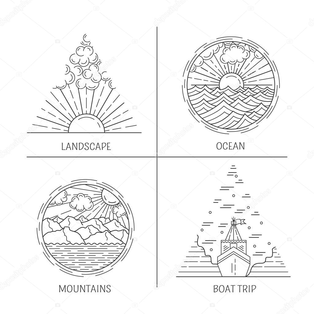 Logo design templates in linear style. Forest, mountains, ocean and landscape  signs - travel and ecology concept. Perfect as emblems, labels and badges.