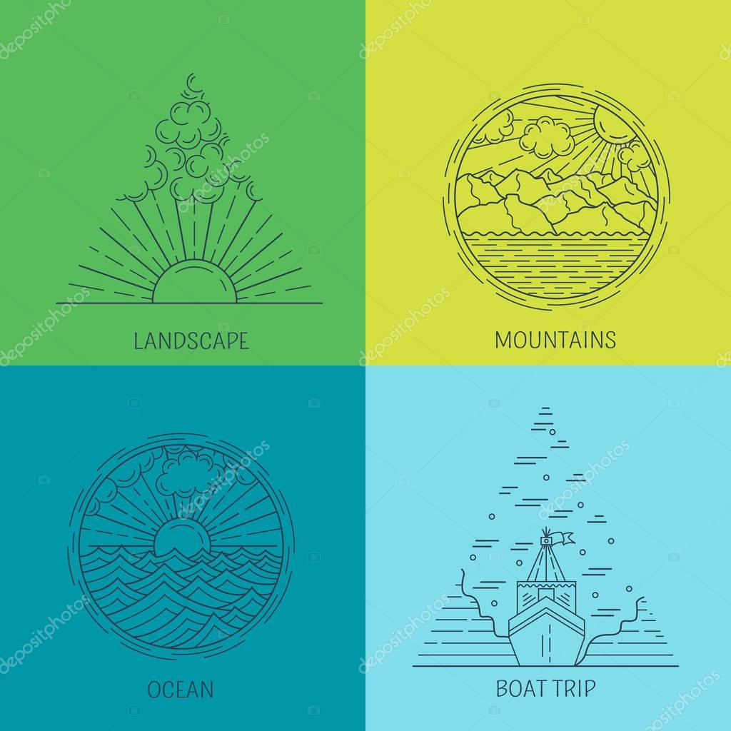 Logo design templates in linear style. Forest, mountains, ocean and landscape  signs - travel and ecology concept. Perfect as emblems, labels and badges.