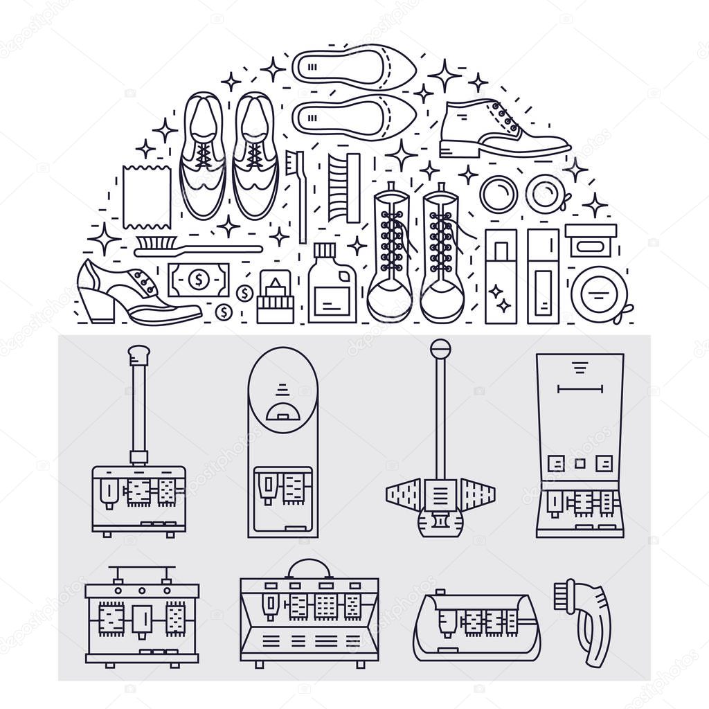 Vector icons collections with different type of shoes, shoe care elements and shoe shine machines. Shoe Shine service. Outline icon for shoe care in trendy linear style.