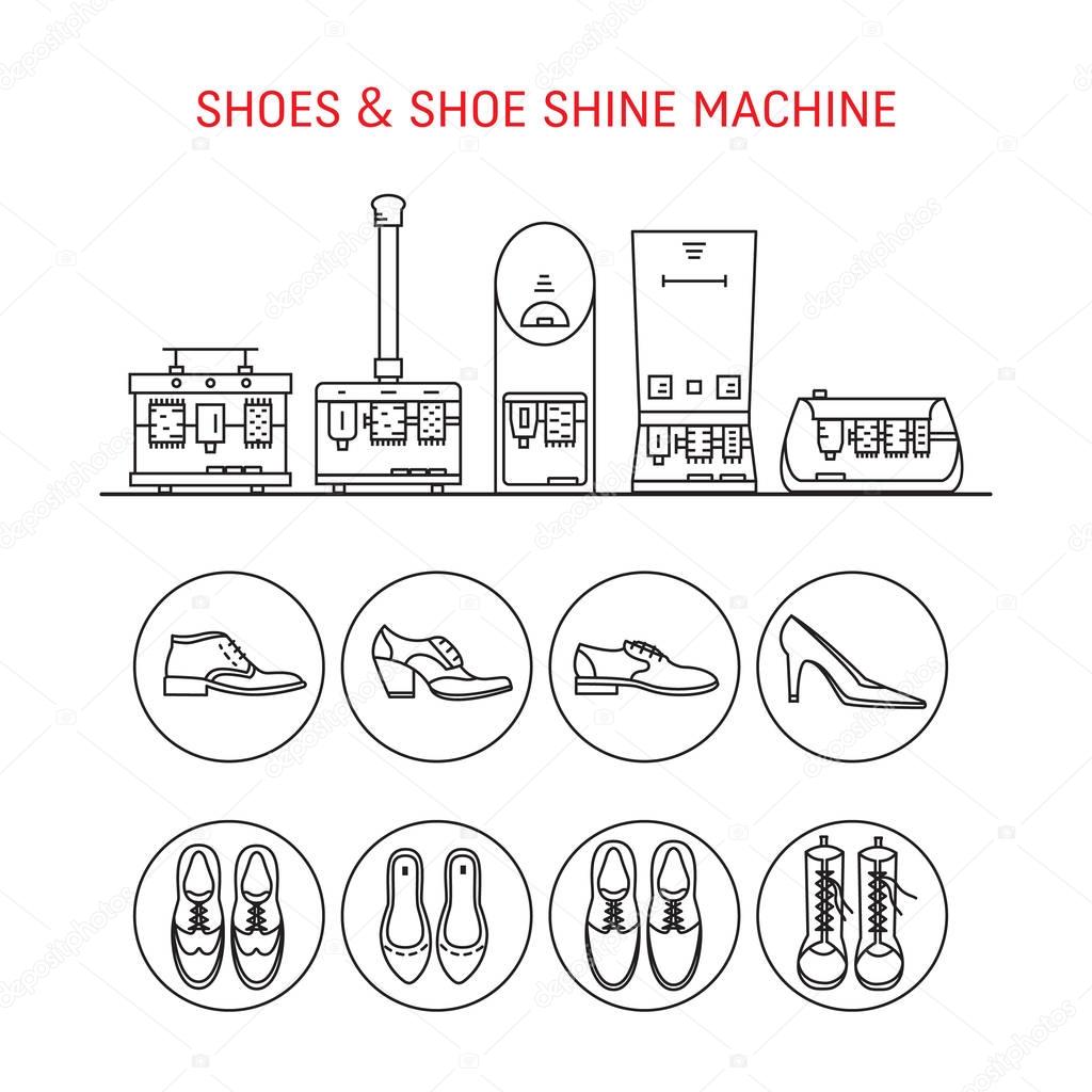 Vector icons collections with different type of shoes and shoe shine machines. Shoe Shine service. Outline icon for shoe care in trendy linear style.