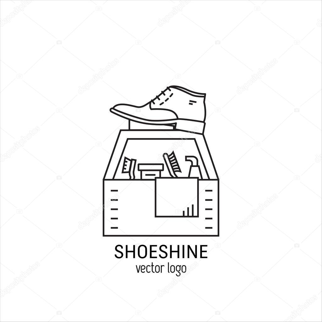Vector logo design for shoeshine service. Man shoes, shoe polish, brushes for footwear. Outline icon for shoe care in trendy linear style.