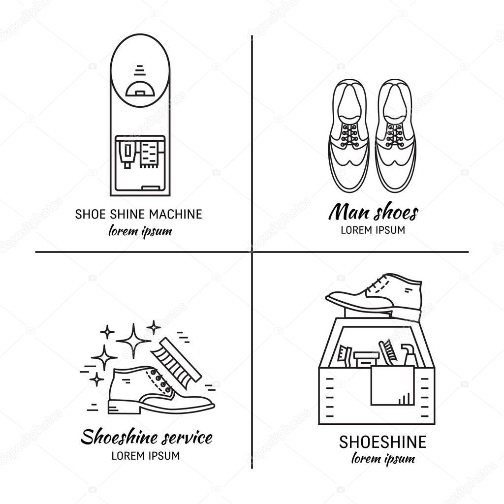 Vector set of logo design templates, for shoeshine service. Man shoes, shoe care equipment, shoe shine machine. Outline icon for shoe care in trendy linear style.