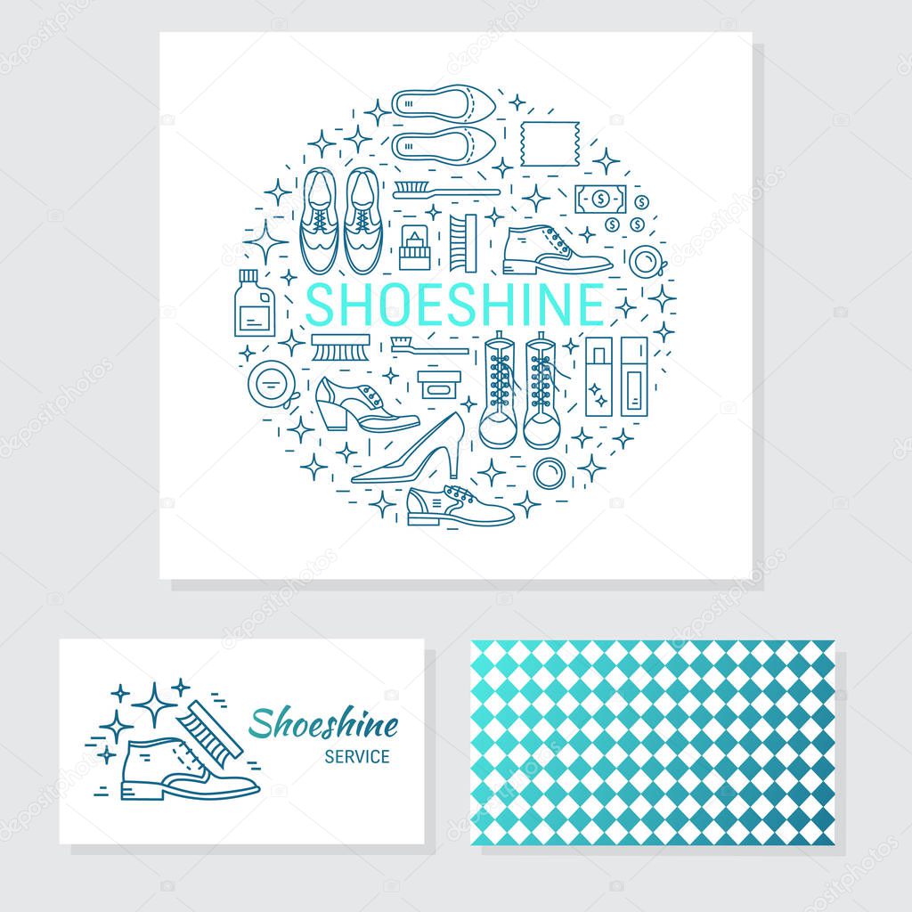 Vector set of logo design templates, business card design and signs for identity  - shoeshine service. Different type of shoes and  shoe care equipment.