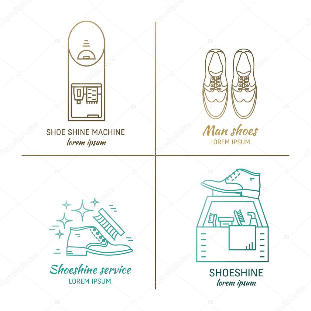 Vector set of logo design templates, for shoeshine service. Man shoes, shoe care equipment, shoe shine machine. Outline icon for shoe care in trendy linear style.