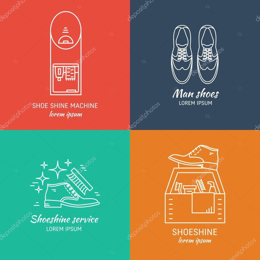 Vector set of logo design templates, for shoeshine service. Man shoes, shoe care equipment, shoe shine machine. Outline icon for shoe care in trendy linear style.