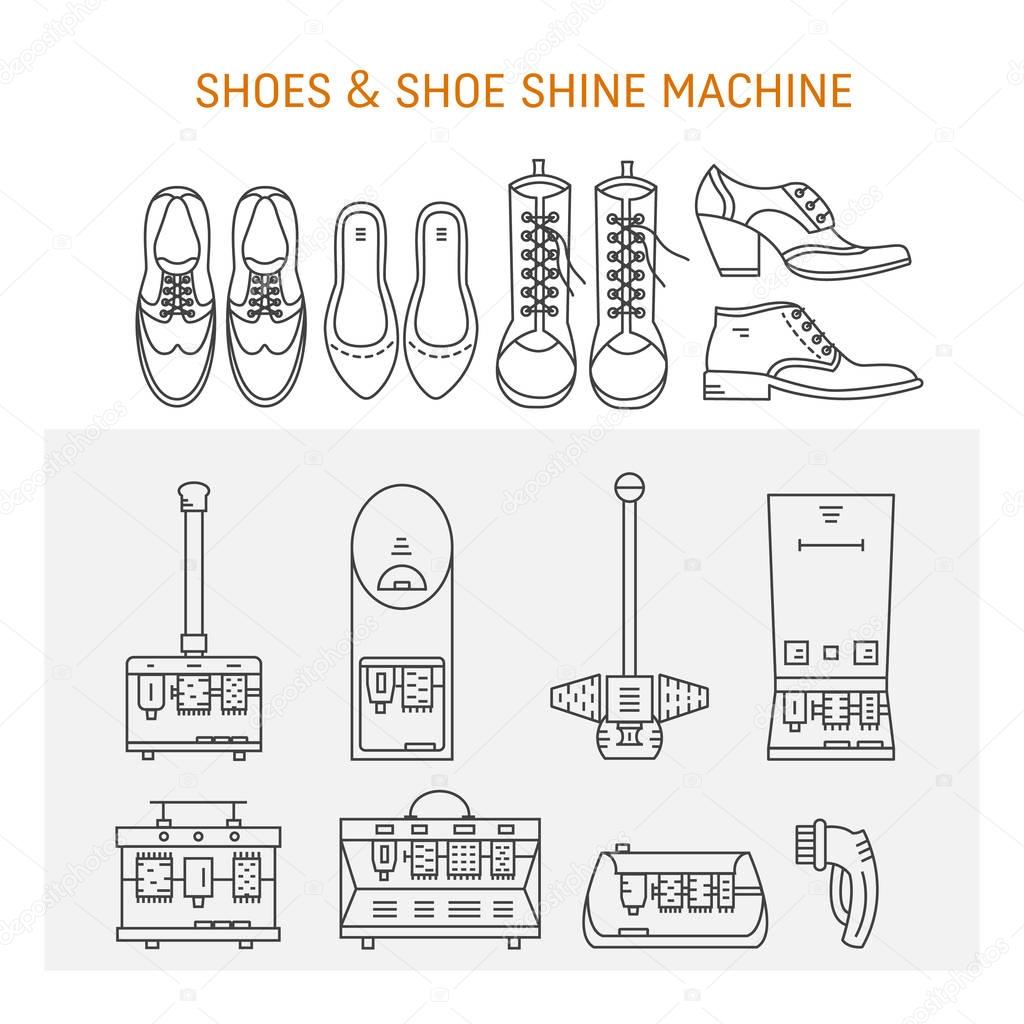 Vector icons collections with different type of shoes and shoe shine machines. Shoe Shine service. Outline icon for shoe care in trendy linear style.