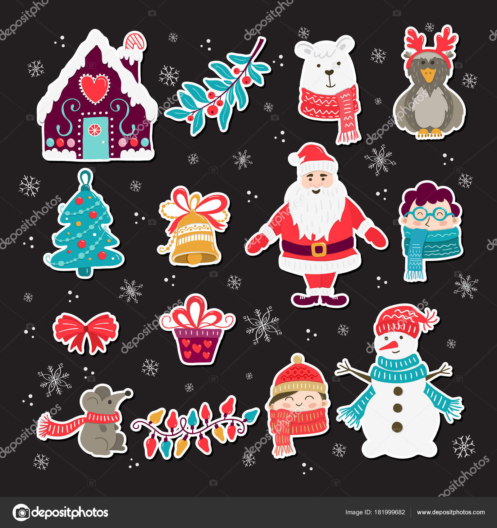 Vector Set Hand Drawn Stickers Christmas Illustrations Clipart