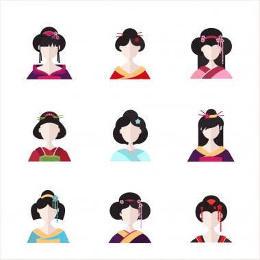 Daire basit avatar citcle yapılan vektör kümesi. Japon geyşa yüz farklı saç stili ile.