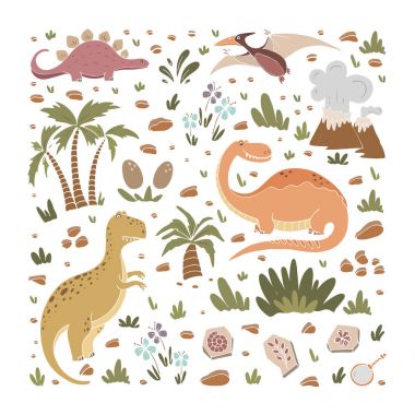 Vector set of funny dinosaurs, palms, volcano, fossils, eggs, flowers in cartoon style.  clipart
