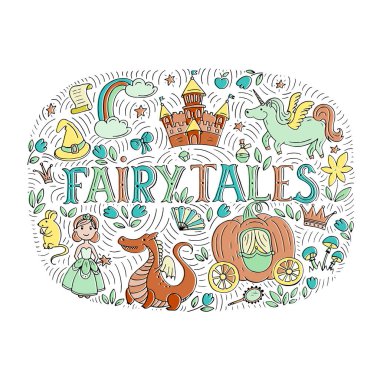 Fairy tales illustration with hand drawn elements - princess, dragon, castle, mouse, unicorn, rainbow, magic hat, pumpkin carriage, crown isolated on white background. clipart