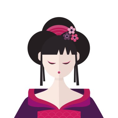 Vektör çizim düz simgesi geyşa kimono ve saç çiçeklenir. Geyşa portret.
