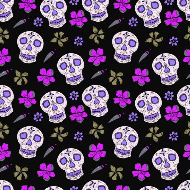 seamless modeli gün çiçek süsleme ile The Dead (Dia de los muertos) kafatasları