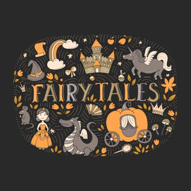 Öğeleri - Prenses, ejderha, kale, fare, unicorn peri masalları illüstrasyon el ile çizilmiş.