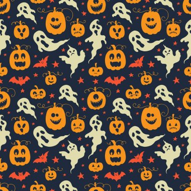 Hayaletler, pumpkins, yıldız ve yarasalar el ile vektör Cadılar Bayramı Dikişsiz desen desen Cadılar Bayramı tasarımı için çizilmiş. Dekorasyon, sarma kağıtları, tebrik kartları, web sayfası arka planı için mükemmel