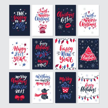Vektör Merry Christmas tebrik kartları ve davetiyeler arka plan üzerinde izole. Büyük fare, garland, ökse otu, çan ve yazı ile ayarlayın. Elle çizilmiş tasarımlar. Tatil yazı Xmas tasarımı için.