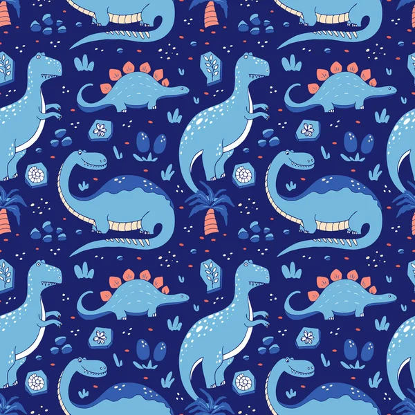 Vector Seamless Pattern Funny Dinosaurs Cartoon Style — Stock Vector