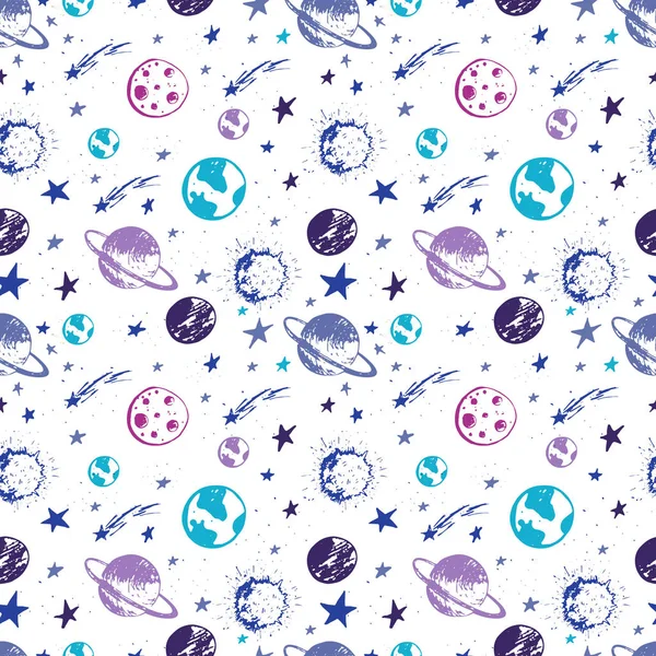 Vector Doodle Space Seamless Pattern Planets Stars Moon Sun — Stock Vector