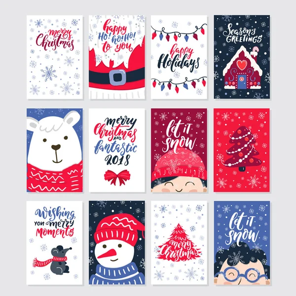 Vektör Merry Christmas tebrik kartları ve davetiyeler arka plan üzerinde izole. Büyük set ile şirin xmas ağacı, Santa, ayı, kardan adam, garland, kış insanlar. Tatil yazı ve Xmas tasarım.
