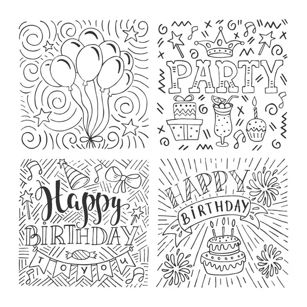 Conjunto Ilustraciones Dibujadas Mano Cumpleaños Para Diseño Tarjetas Felicitación Aisladas — Vector de stock