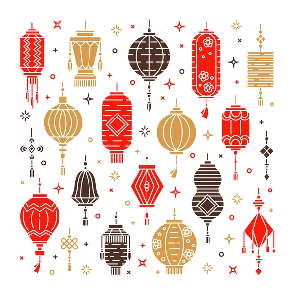 矢量集亚洲街和中国节日灯笼 文化装饰品 背景上隔离的单一和平面对象 — 图库矢量图片
