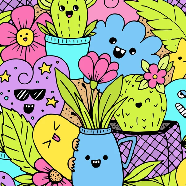 Patrón Vectorial Con Personajes Garabatos Kawaii Flores Aisladas Fondo — Archivo Imágenes Vectoriales