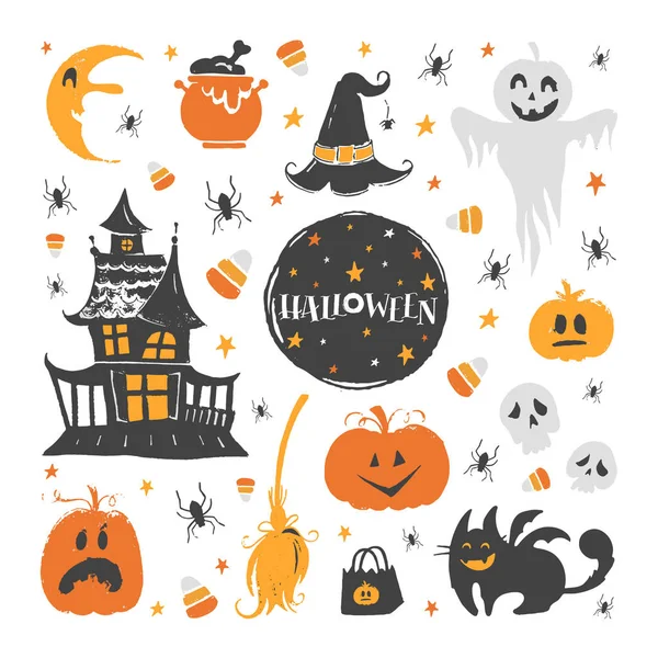 Conjunto Vetorial Elementos Design Halloween Adesivos Halloween Com Símbolos Tradicionais — Vetor de Stock
