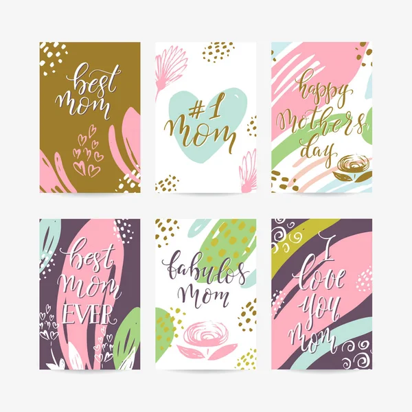 Vector Set Happy Mothers Day Lettering Greeting Cards Flowers Vector — Stock Vector