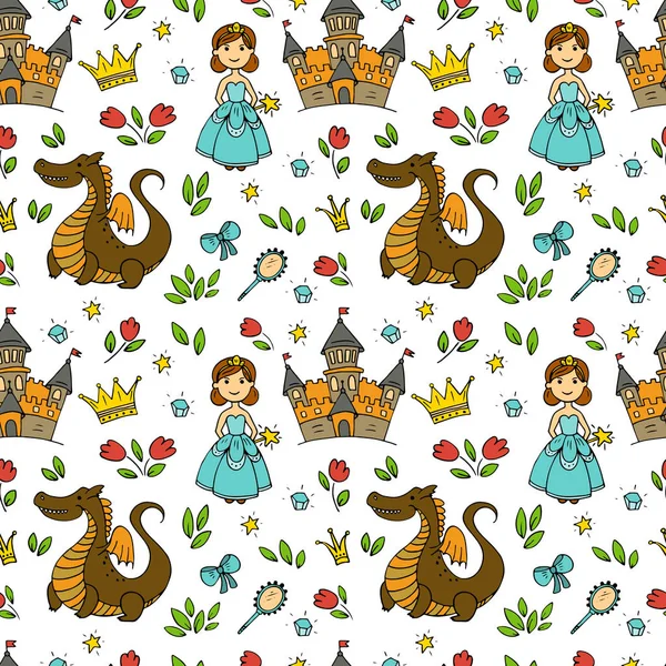 Illustration Contes Fées Avec Des Éléments Dessinés Main Princesse Dragon — Image vectorielle
