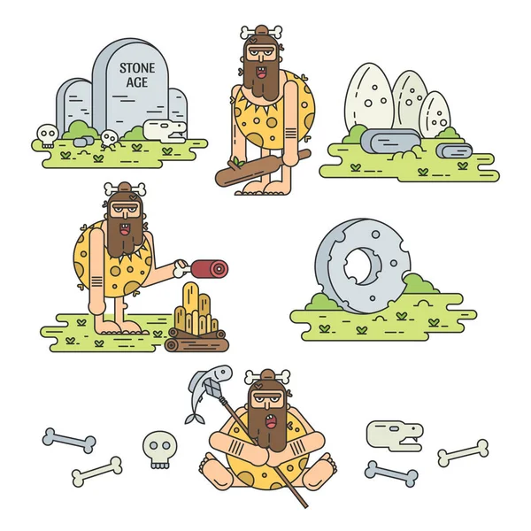 Iconos Línea Plana Edad Piedra Con Diferentes Poses Cavernícola Herramientas — Vector de stock