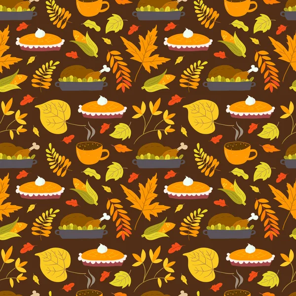 Nahtloses Muster Mit Truthahn Kürbiskuchen Und Herbstlaub Auf Hintergrund — Stockvektor