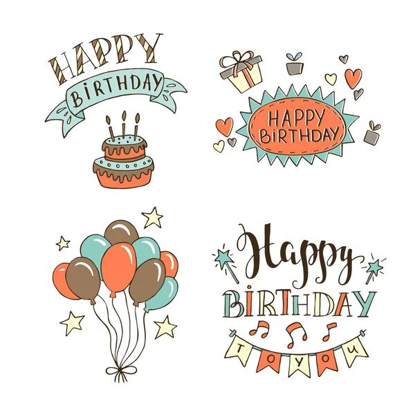 Set Birthday Hand Drawn Illustrations Greeting Cards Design Isolated White — Stock Vector