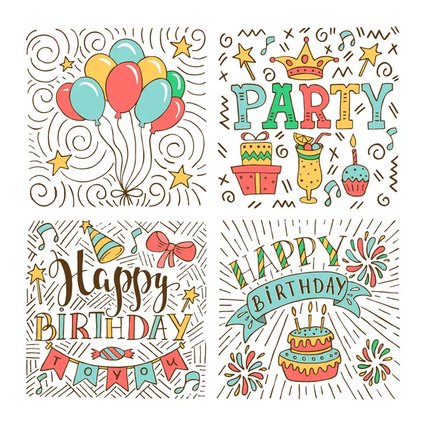 ホワイトを基調としたグリーティングカードデザインのための誕生日の手描きイラストのセット 誕生日おめでとうございます 政党の要素 — ストックベクタ